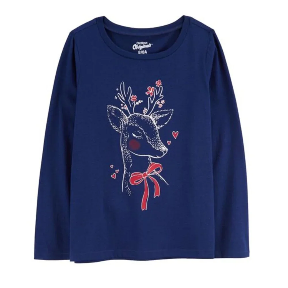 OSHKOSH B'GOSH NWT Size 8 Blue Red Reindeer Jersey Graphic Tee Scarf Long Sleeve